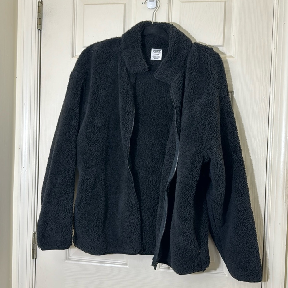 PINK Victoria’s Secret Women’s Black Fleece Jacket Size Large Full Zipper